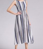 photo Round Neck Elastic Waist Vertical Stripe Boho Dress by OASAP, color Blue - Image 5