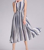 photo Round Neck Elastic Waist Vertical Stripe Boho Dress by OASAP, color Blue - Image 6