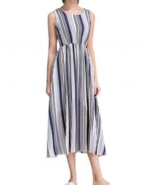 photo Round Neck Elastic Waist Vertical Stripe Boho Dress by OASAP, color Blue - Image 1