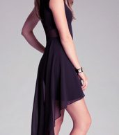 photo Round Neck Mesh Panel Chiffon High Low Short Dress by OASAP, color Black - Image 2