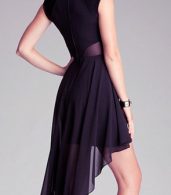 photo Round Neck Mesh Panel Chiffon High Low Short Dress by OASAP, color Black - Image 3