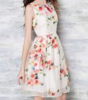 photo Round Neck Sleeveless Floral Print Organza Cocktail Dress by OASAP, color Multi - Image 2