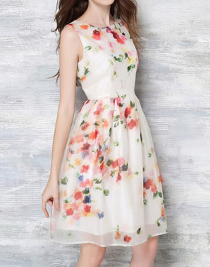 photo Round Neck Sleeveless Floral Print Organza Cocktail Dress by OASAP, color Multi - Image 2