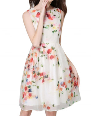 photo Round Neck Sleeveless Floral Print Organza Cocktail Dress by OASAP, color Multi - Image 1