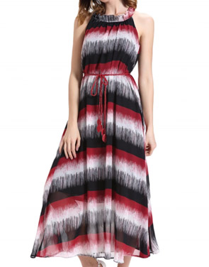 photo Ruffle Neck Sleeveless Color Block Long Dress with Belt by OASAP, color Multi - Image 1