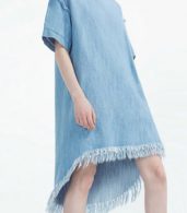 photo Simple Asymmetric Frayed Hem Loose Fit Denim Dress by OASAP, color Light Blue - Image 2