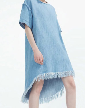 photo Simple Asymmetric Frayed Hem Loose Fit Denim Dress by OASAP, color Light Blue - Image 2