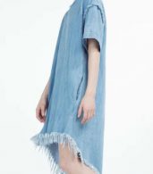 photo Simple Asymmetric Frayed Hem Loose Fit Denim Dress by OASAP, color Light Blue - Image 1