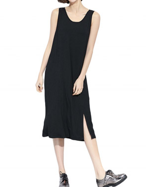 photo Simple Solid Color Sleeveless Slit Loose Fit Dress by OASAP, color Black - Image 1