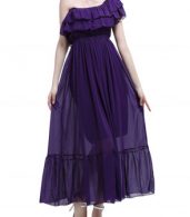 photo Slash Neck Ruffle Front Elastic Waist Boho Maxi Dress by OASAP, color Deep Purple - Image 1