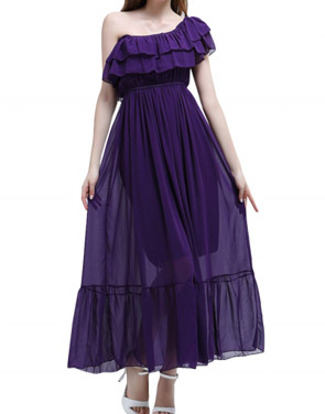 photo Slash Neck Ruffle Front Elastic Waist Boho Maxi Dress by OASAP, color Deep Purple - Image 1