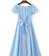 photo Slash Neck Short Sleeve Tie Waist Button Down Dress by OASAP, color Light Blue - Image 4