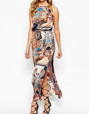 photo Sleeveless Side High Slit Tie Waist Print Midi Dress by OASAP, color Multi - Image 2
