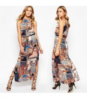 photo Sleeveless Side High Slit Tie Waist Print Midi Dress by OASAP, color Multi - Image 8