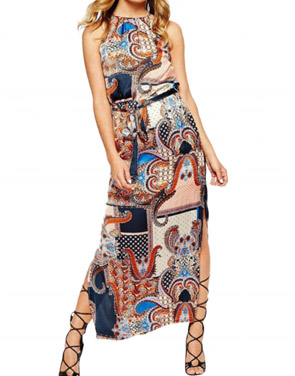 photo Sleeveless Side High Slit Tie Waist Print Midi Dress by OASAP, color Multi - Image 1