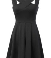 photo Solid Black Cross Strap Fit Flare Dress by OASAP - Image 3