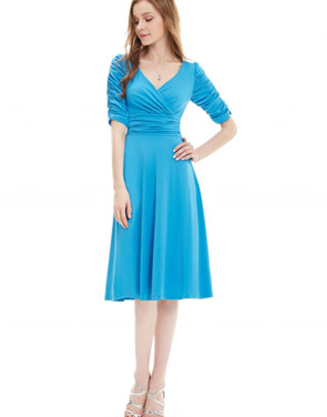 photo Solid Color Half Sleeve Faux Wrap A-line Dress by OASAP - Image 2