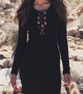 photo Solid Color Lace-up Front Long Sleeve Bodycon Dress by OASAP - Image 12