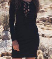 photo Solid Color Lace-up Front Long Sleeve Bodycon Dress by OASAP - Image 4