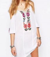 photo Spaghetti Strap Cold Shoulder 3/4 Sleeve Floral Embroidery Dress by OASAP, color White - Image 2