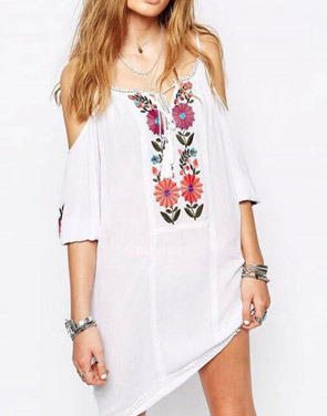 photo Spaghetti Strap Cold Shoulder 3/4 Sleeve Floral Embroidery Dress by OASAP, color White - Image 2