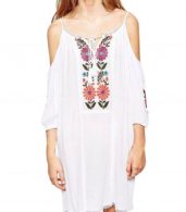 photo Spaghetti Strap Cold Shoulder 3/4 Sleeve Floral Embroidery Dress by OASAP, color White - Image 1