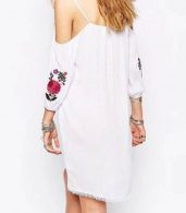 photo Spaghetti Strap Cold Shoulder 3/4 Sleeve Floral Embroidery Dress by OASAP, color White - Image 3