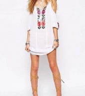 photo Spaghetti Strap Cold Shoulder 3/4 Sleeve Floral Embroidery Dress by OASAP, color White - Image 4
