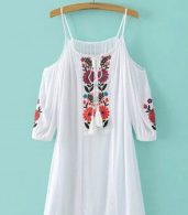 photo Spaghetti Strap Cold Shoulder 3/4 Sleeve Floral Embroidery Dress by OASAP, color White - Image 5