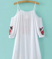 photo Spaghetti Strap Cold Shoulder 3/4 Sleeve Floral Embroidery Dress by OASAP, color White - Image 6