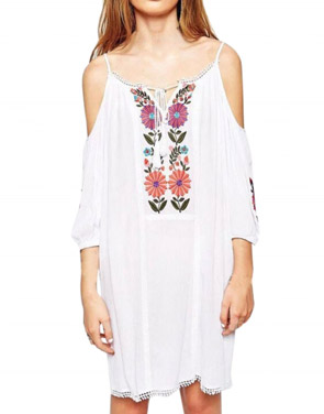 photo Spaghetti Strap Cold Shoulder 3/4 Sleeve Floral Embroidery Dress by OASAP, color White - Image 1