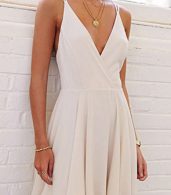 photo Spaghetti Strap Deep V-Neck Crossed Back A-line Dress by OASAP, color White - Image 4