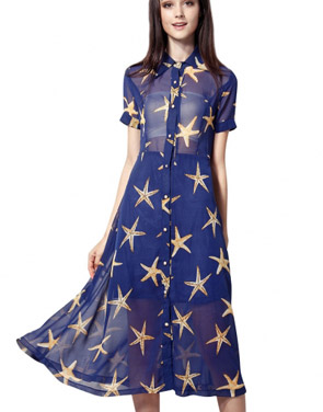 photo Starry Print Short Sleeve Semi-Sheer Plus Size Midi Dress by OASAP, color Blue - Image 1