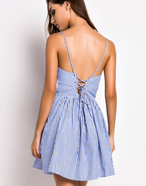 photo Striped Spaghetti Straps Backless Cami Dress by OASAP, color Blue - Image 2