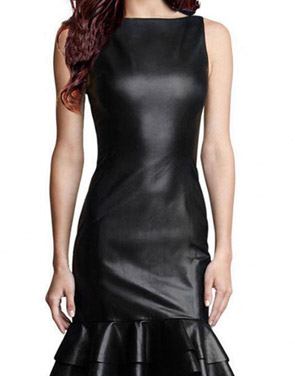 photo Stylish Faux Leather Sleeveless Flouncing Hem Bodycon Dress by OASAP, color Black - Image 1