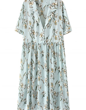 photo Summer V-Neck Short Sleeve Floral Print Midi Dress by OASAP, color Multi - Image 1