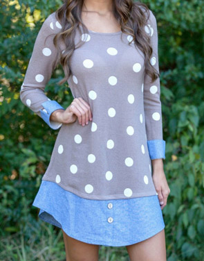 photo Sweet Polka Dot Denim Paneled Button Decor Dress by OASAP, color Multi - Image 1