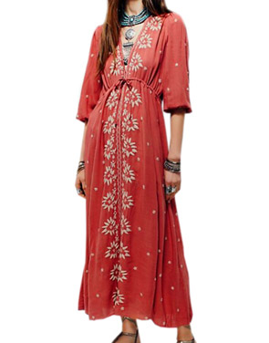 photo V-Neck 3/4 Sleeve Floral Embroidery Maxi Dress by OASAP - Image 1