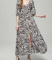 photo V-Neck Half Sleeve Front Slit Leopard Print Dress by OASAP, color Multi - Image 2