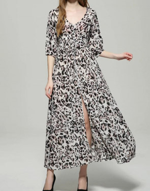 photo V-Neck Half Sleeve Front Slit Leopard Print Dress by OASAP, color Multi - Image 2