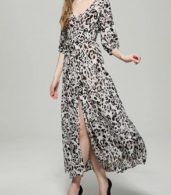 photo V-Neck Half Sleeve Front Slit Leopard Print Dress by OASAP, color Multi - Image 3