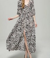photo V-Neck Half Sleeve Front Slit Leopard Print Dress by OASAP, color Multi - Image 4