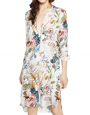 photo V-Neck Long Sleeve Floral Print High Low Slit Dress by OASAP, color Multi - Image 1