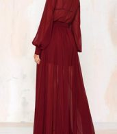 photo V-Neck Long Sleeve High Slit Sheer Maxi Dress by OASAP, color Burgundy - Image 2