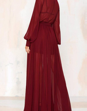 photo V-Neck Long Sleeve High Slit Sheer Maxi Dress by OASAP, color Burgundy - Image 2