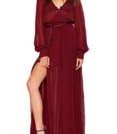 photo V-Neck Long Sleeve High Slit Sheer Maxi Dress by OASAP, color Burgundy - Image 1