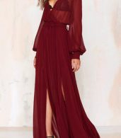 photo V-Neck Long Sleeve High Slit Sheer Maxi Dress by OASAP, color Burgundy - Image 3