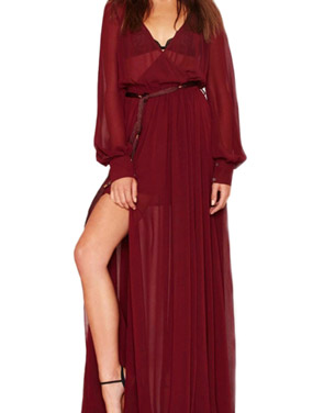 photo V-Neck Long Sleeve High Slit Sheer Maxi Dress by OASAP, color Burgundy - Image 1