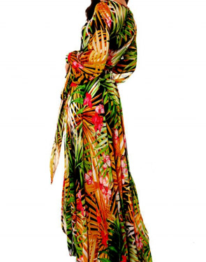 photo V-Neck Long Sleeve Tie Waist Print Chiffon Dress by OASAP, color Multi - Image 2