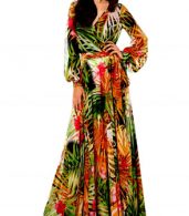 photo V-Neck Long Sleeve Tie Waist Print Chiffon Dress by OASAP, color Multi - Image 1